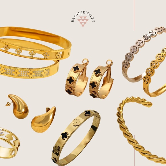 18K Gold Pleated Bangle Bracelet with Clover Design - Picture 5 of 5